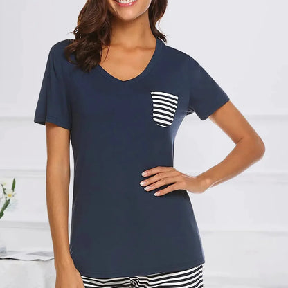 Striped Short Sleeve Top and Shorts Lounge Set — square view — Livostyle