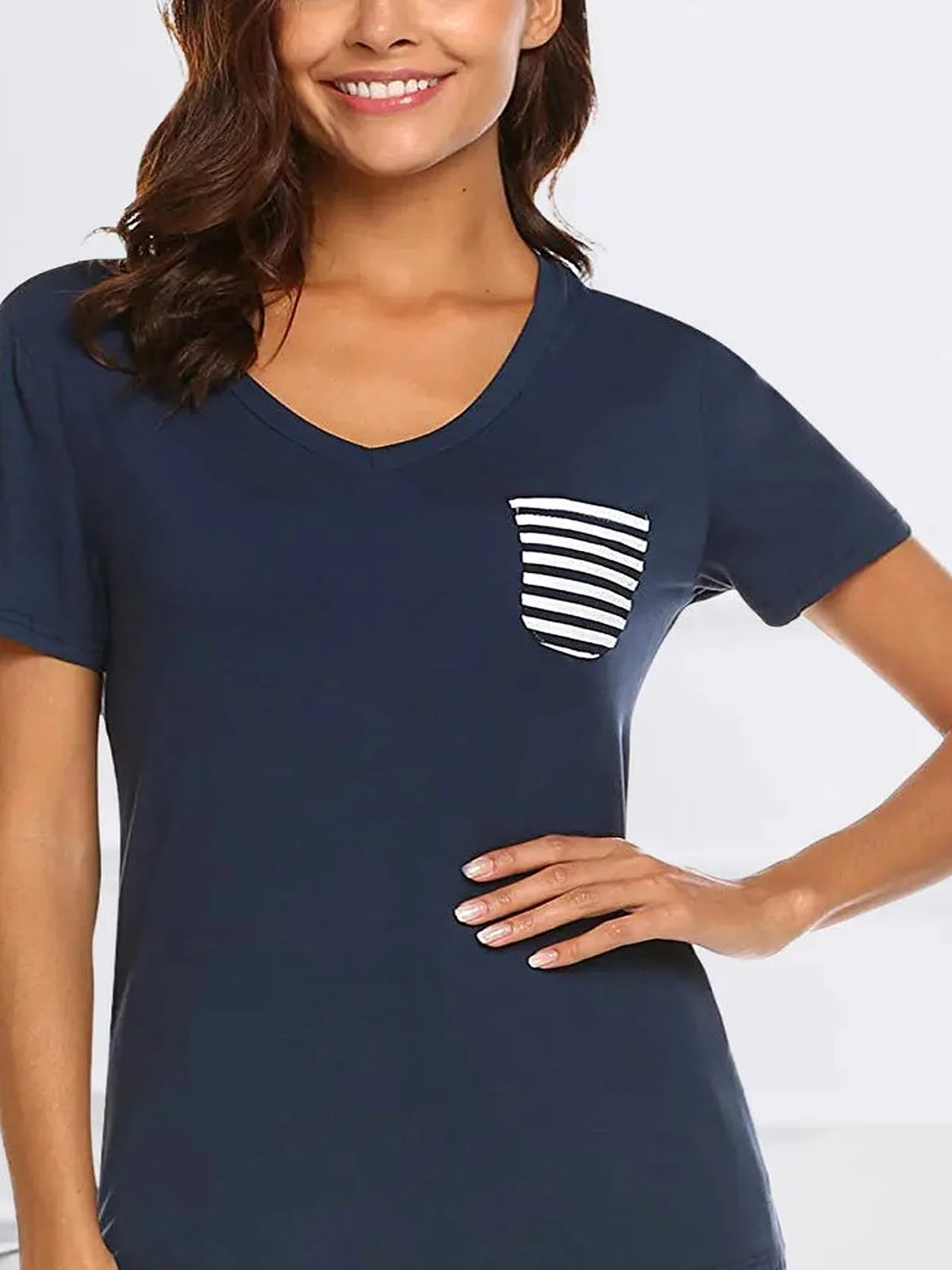 Striped Short Sleeve Top and Shorts Lounge Set — detail view — Livostyle