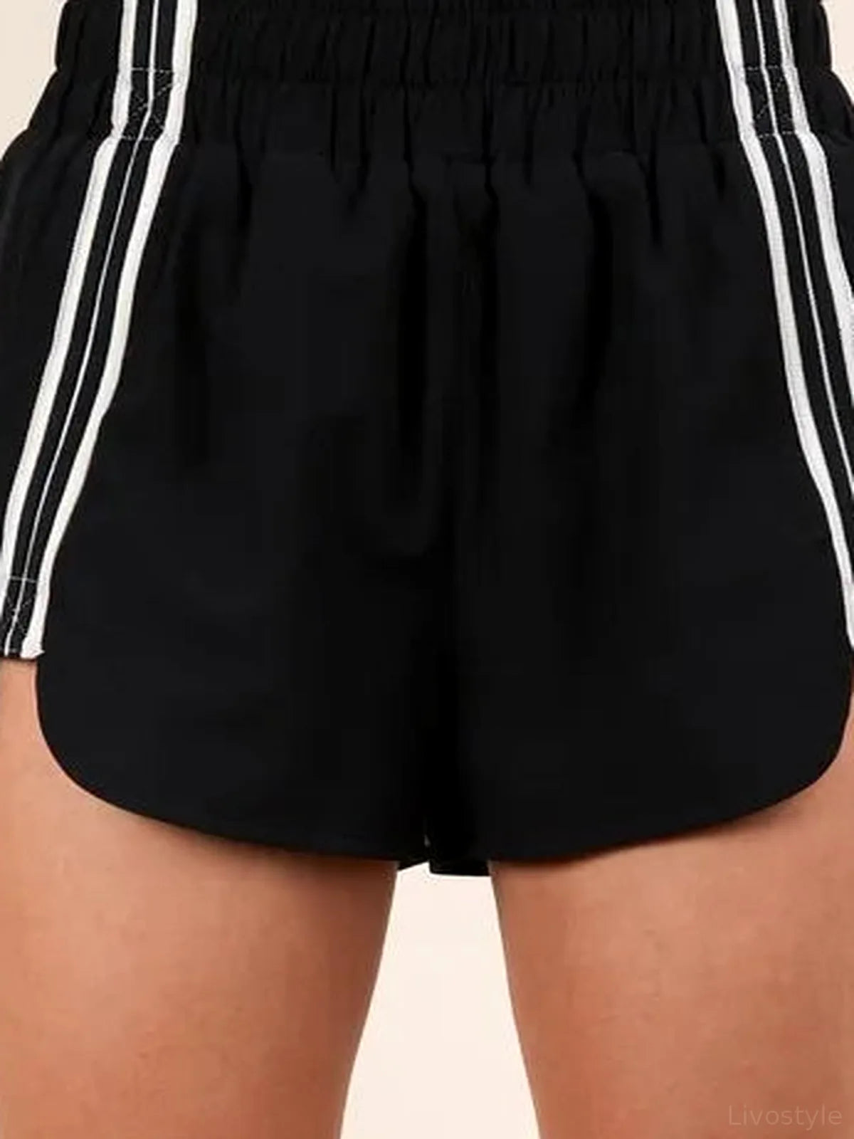 Striped Trim Detail Activewear Shorts in Black — detail view — Livostyle