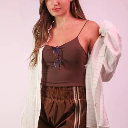 Striped Trim Detail Activewear Shorts in Mocha — square view — Livostyle
