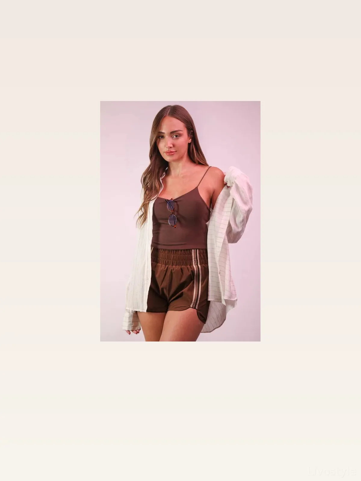 Striped Trim Detail Activewear Shorts in Mocha — styled showcase — Livostyle