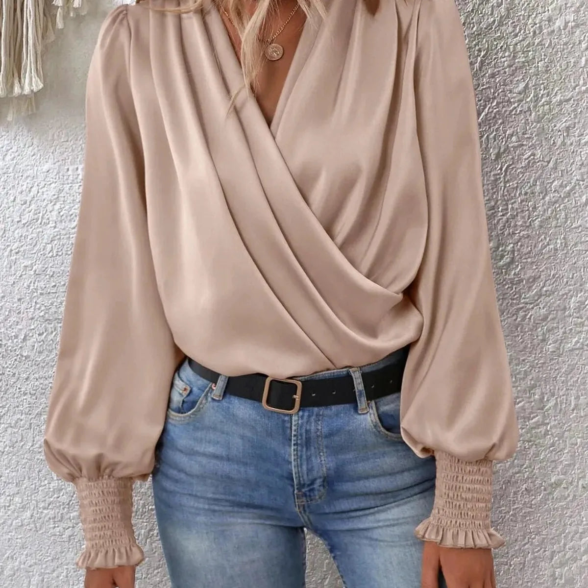 Surplice Smocked Lantern Sleeve Blouse — square view — Livostyle