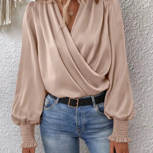 Surplice Smocked Lantern Sleeve Blouse — square view — Livostyle