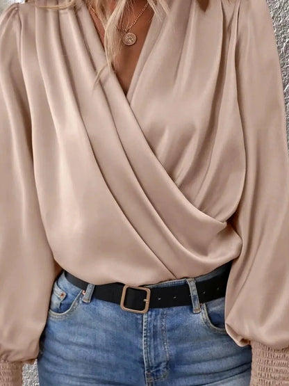 Surplice Smocked Lantern Sleeve Blouse — detail view — Livostyle