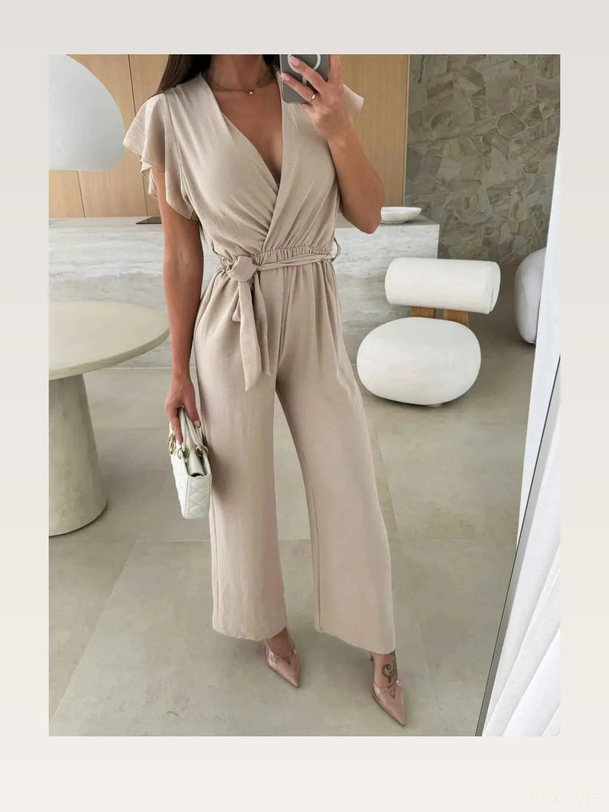 Surplice Wide Leg Belted Jumpsuit — styled showcase — Livostyle