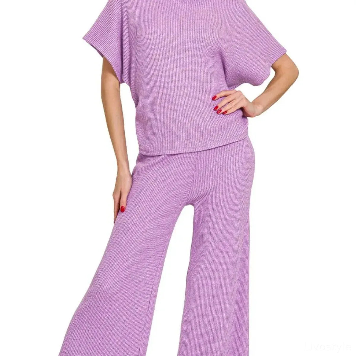 Sweater Mock Neck Top & Long Pants Set in B LAVENDER — square view — Livostyle