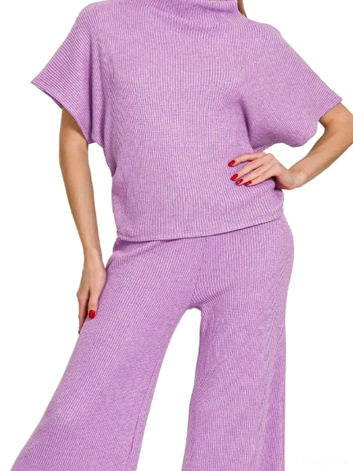 Sweater Mock Neck Top & Long Pants Set in B LAVENDER — detail view — Livostyle