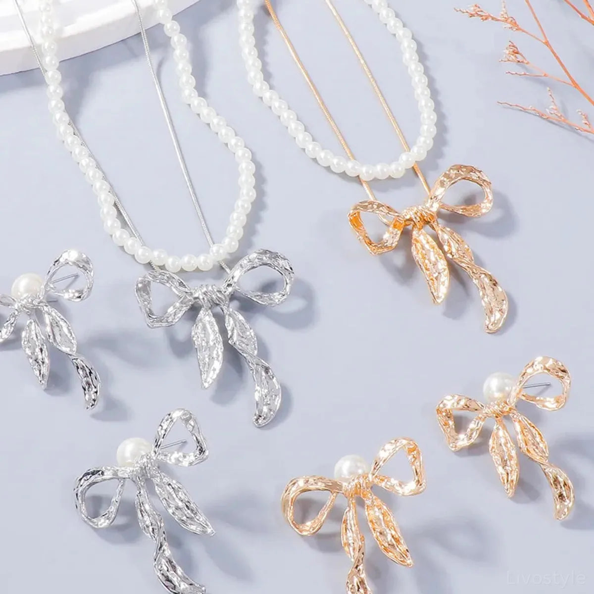 Synthetic Pearl Necklace, Bow Necklace and Bow Earrings Jewe — square view — Livostyle