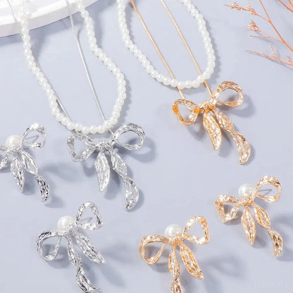 Synthetic Pearl Necklace, Bow Necklace and Bow Earrings Jewe — square view — Livostyle