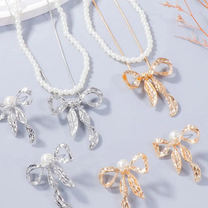 Synthetic Pearl Necklace, Bow Necklace and Bow Earrings Jewe — square view — Livostyle
