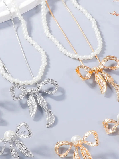 Synthetic Pearl Necklace, Bow Necklace and Bow Earrings Jewe — detail view — Livostyle