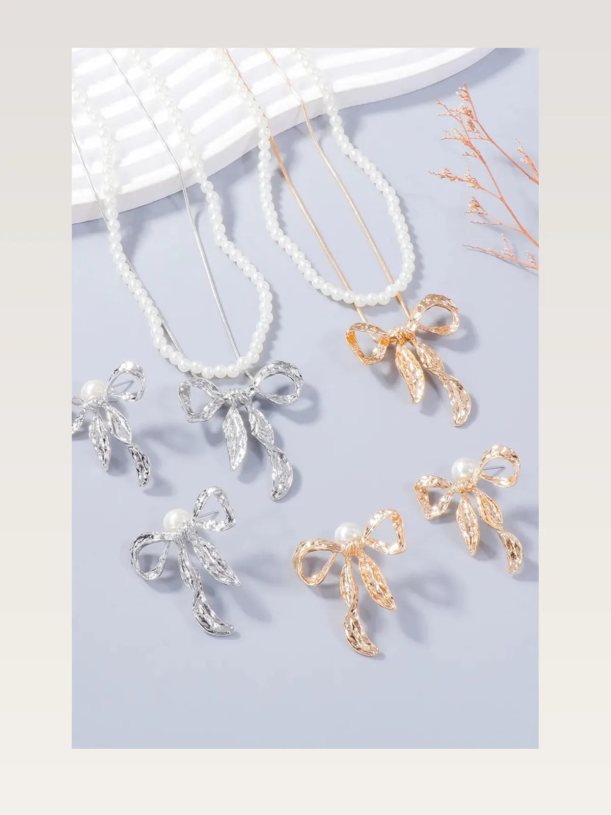 Synthetic Pearl Necklace, Bow Necklace and Bow Earrings Jewe — styled showcase — Livostyle