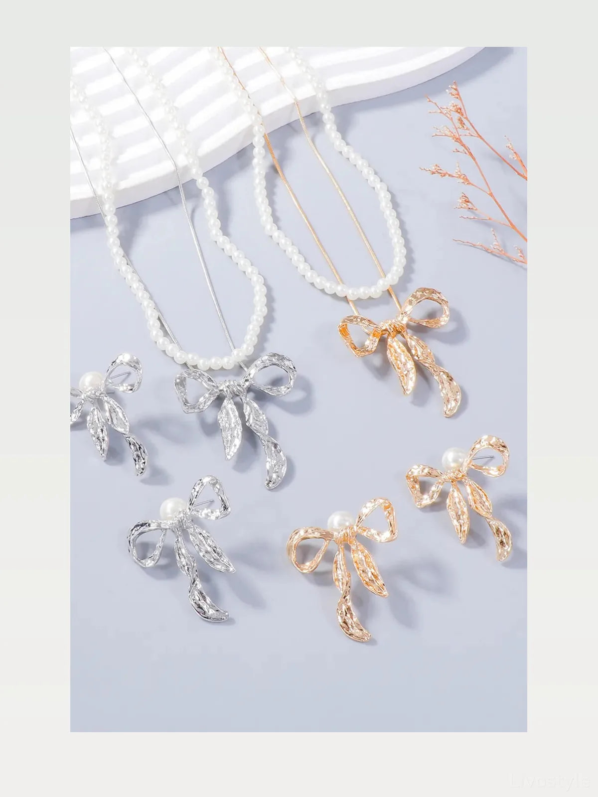 Synthetic Pearl Necklace, Bow Necklace and Bow Earrings Jewe — styled showcase — Livostyle