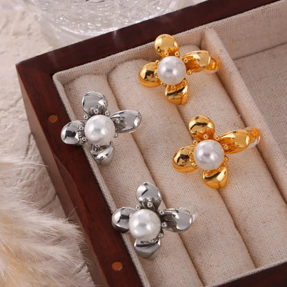 Synthetic Pearl Titanium Steel Flower Earrings — square view — Livostyle