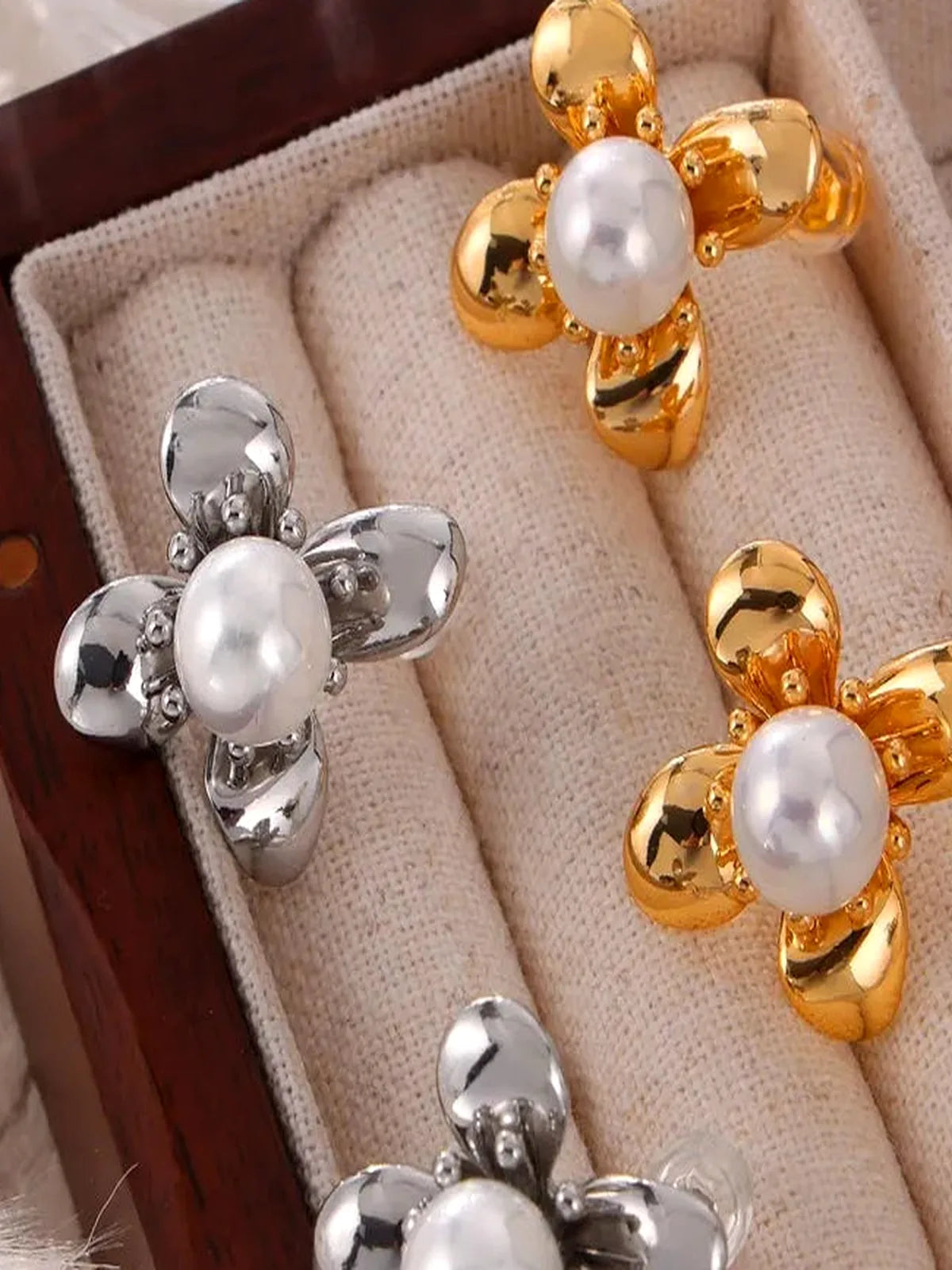 Synthetic Pearl Titanium Steel Flower Earrings — detail view — Livostyle