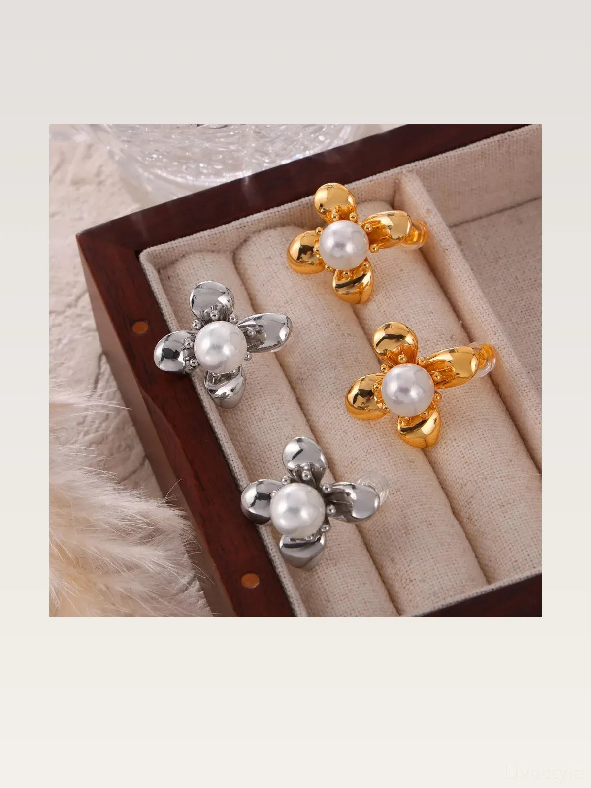 Synthetic Pearl Titanium Steel Flower Earrings — styled showcase — Livostyle