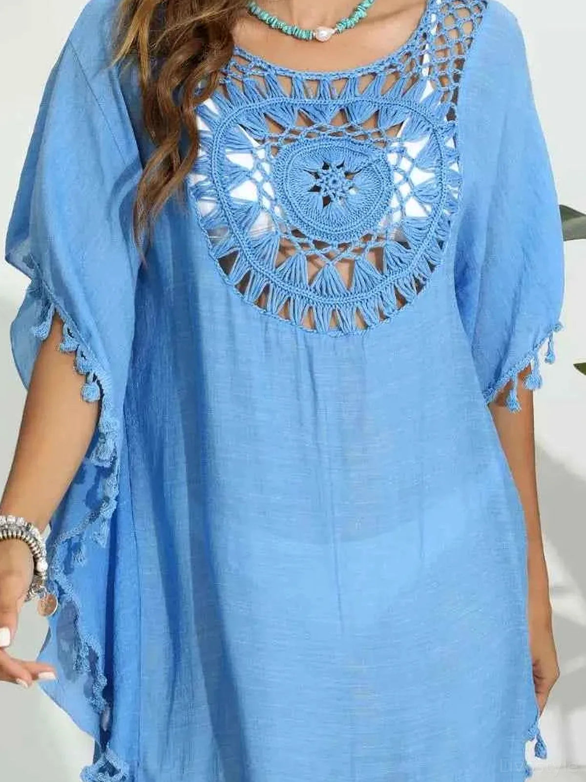 Tassel Crochet Round Neck Cover-Up — detail view — Livostyle