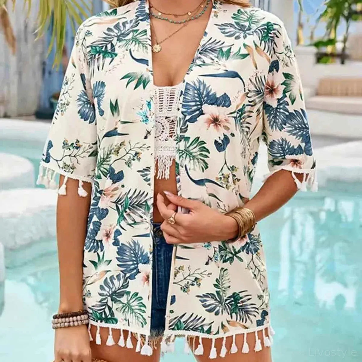Tassel Printed Open Front Half Sleeve Cover-Up — square view — Livostyle