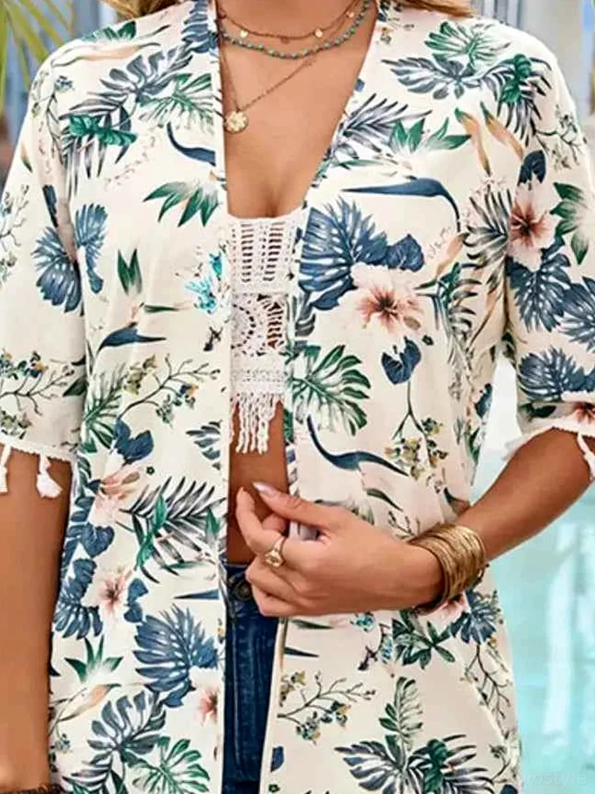 Tassel Printed Open Front Half Sleeve Cover-Up — detail view — Livostyle