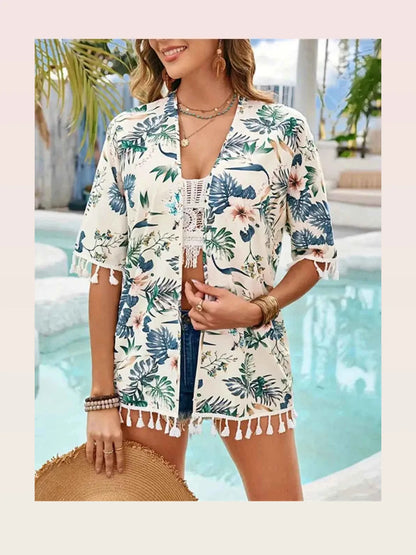 Tassel Printed Open Front Half Sleeve Cover-Up — styled showcase — Livostyle