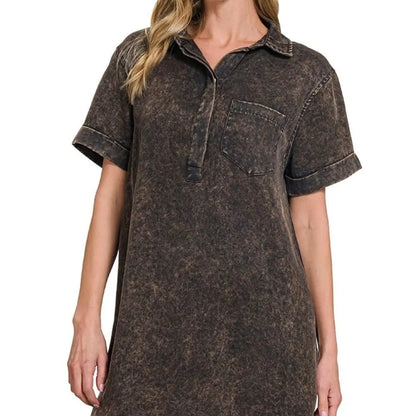 Tencel Mineral Washed Collared Shirts Dress in ASH BLACK — square view — Livostyle