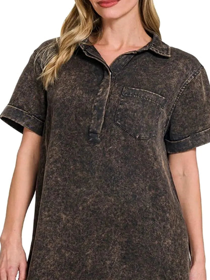 Tencel Mineral Washed Collared Shirts Dress in ASH BLACK — detail view — Livostyle