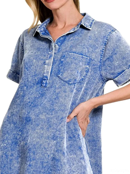 Tencel Mineral Washed Collared Shirts Dress in CLASSIC BLUE — detail view — Livostyle