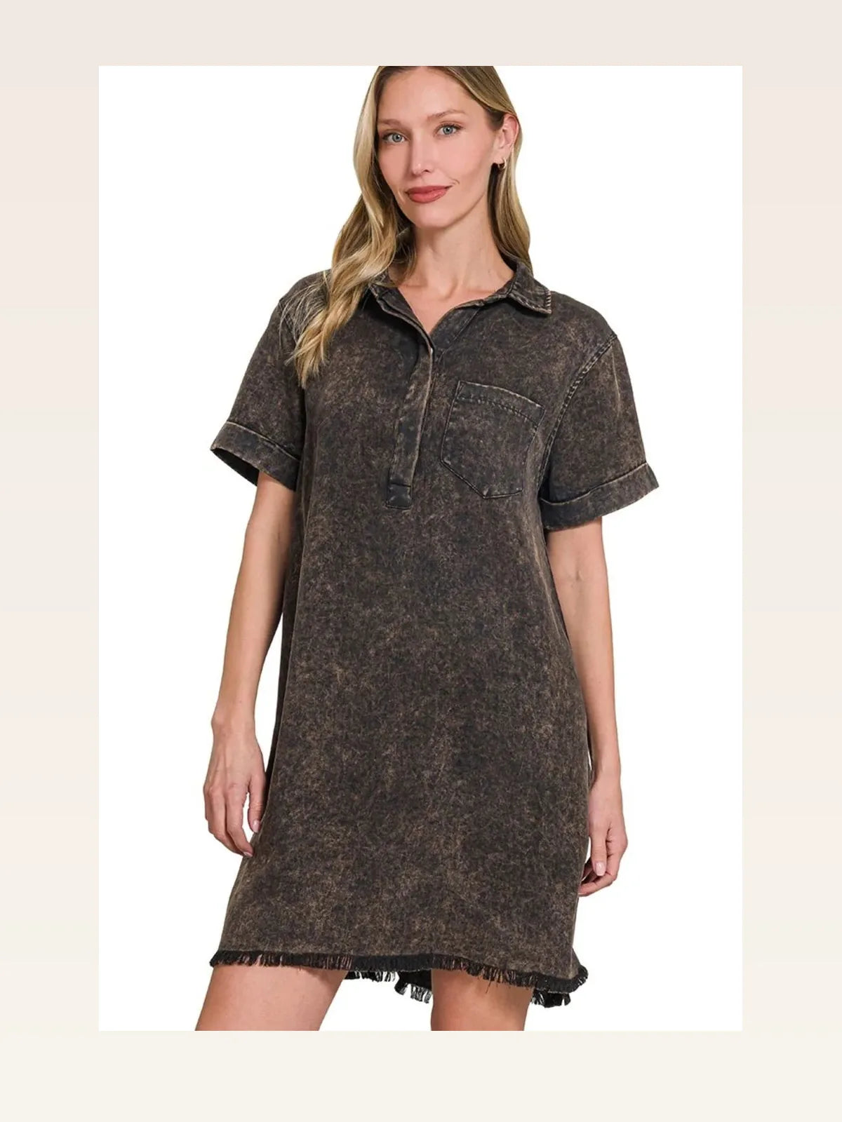 Tencel Mineral Washed Collared Shirts Dress in ASH BLACK — styled showcase — Livostyle