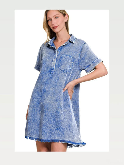 Tencel Mineral Washed Collared Shirts Dress in CLASSIC BLUE — styled showcase — Livostyle