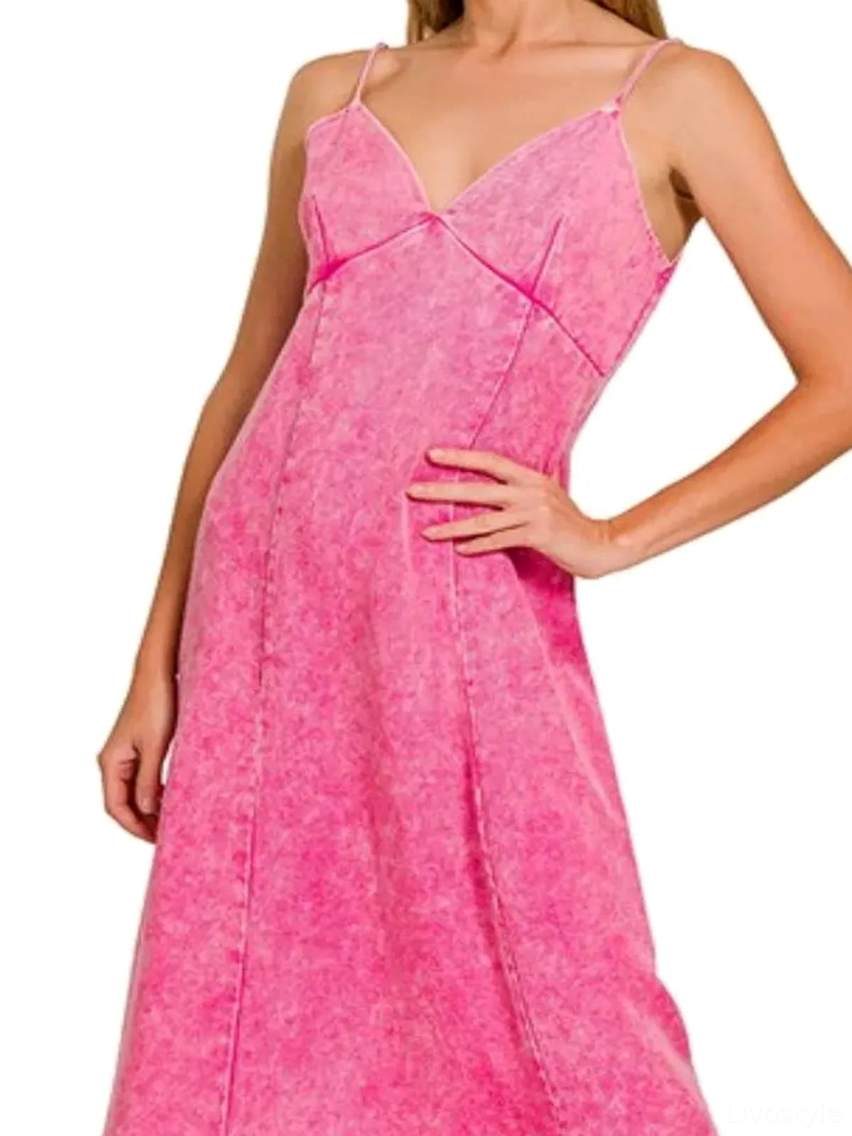 Tencel Mineral Washed Maxi Dress in HOT PINK — detail view — Livostyle