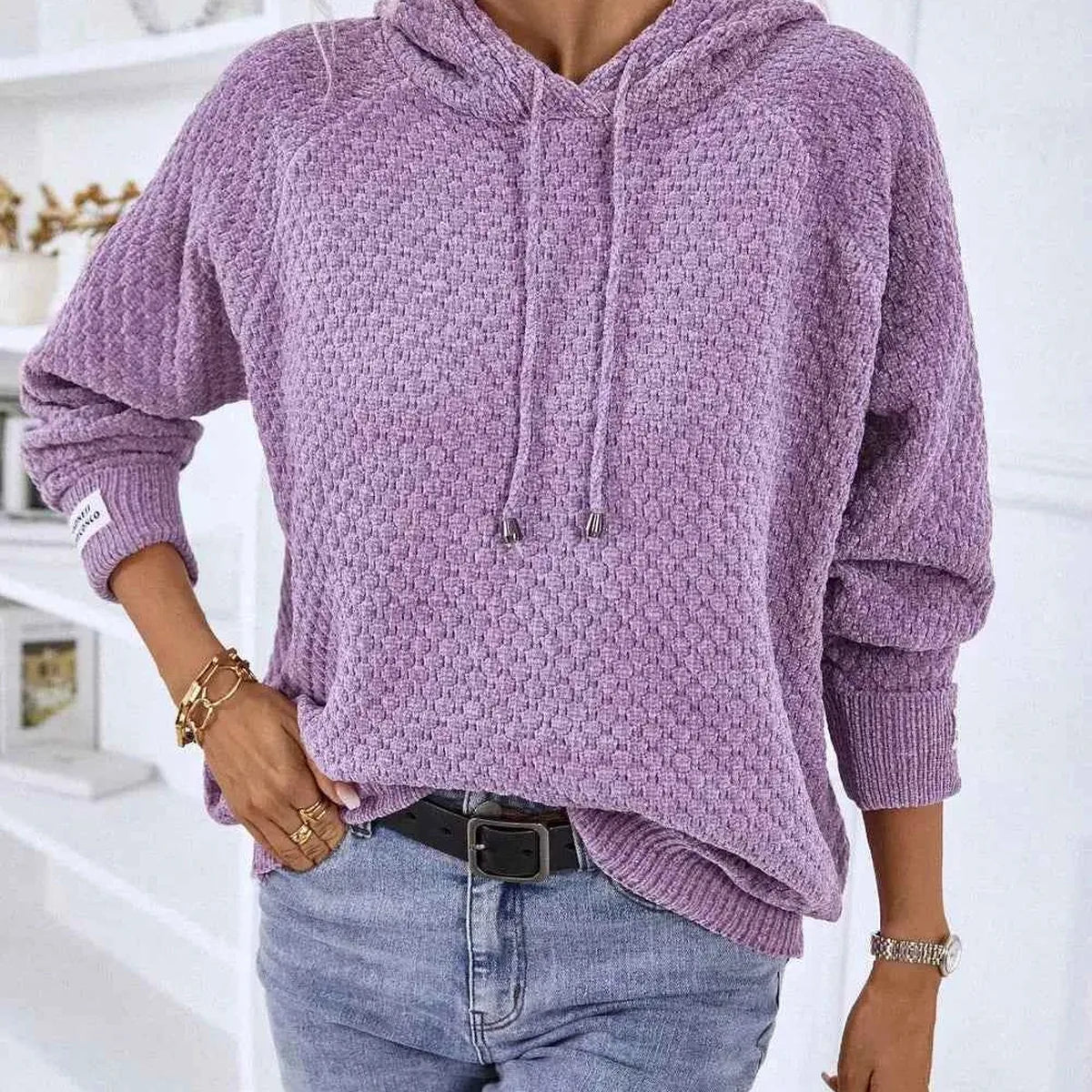 Texture Drawstring Long Sleeve Hooded Sweater — square view — Livostyle