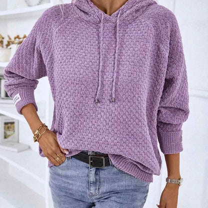 Texture Drawstring Long Sleeve Hooded Sweater — square view — Livostyle