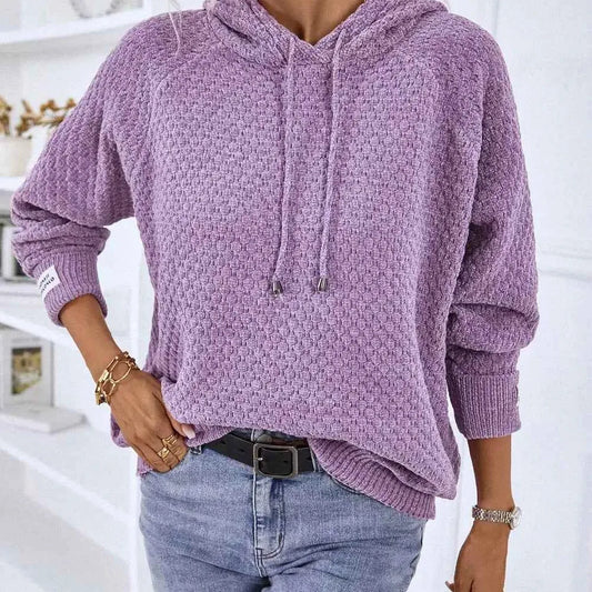 Texture Drawstring Long Sleeve Hooded Sweater — square view — Livostyle