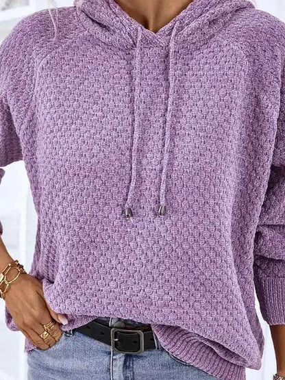Texture Drawstring Long Sleeve Hooded Sweater — detail view — Livostyle