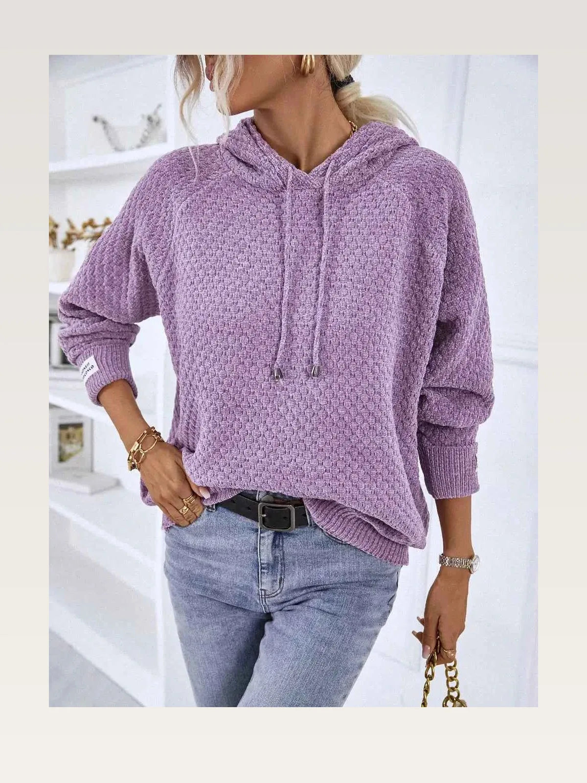 Texture Drawstring Long Sleeve Hooded Sweater — styled showcase — Livostyle