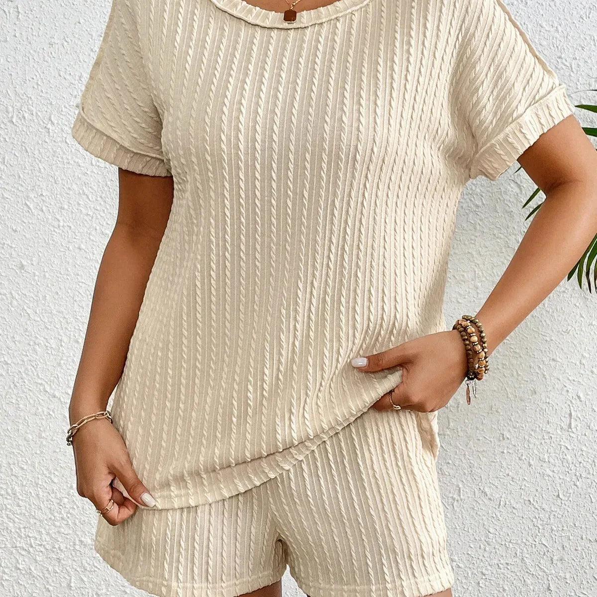 Texture Round Neck Top and Shorts Lounge Set — square view — Livostyle