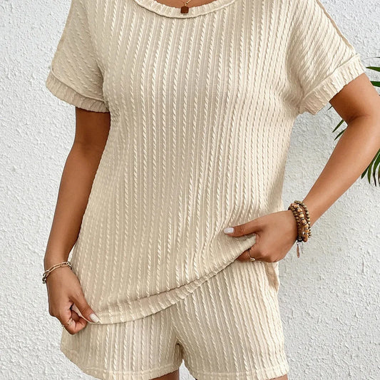 Texture Round Neck Top and Shorts Lounge Set — square view — Livostyle