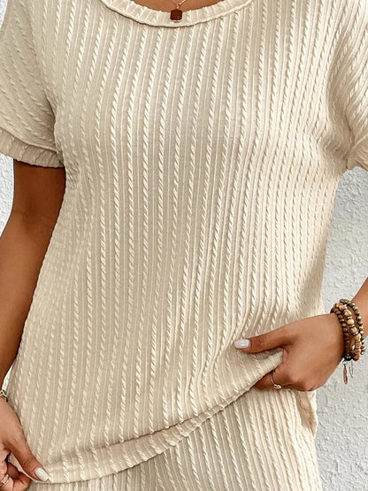 Texture Round Neck Top and Shorts Lounge Set — detail view — Livostyle