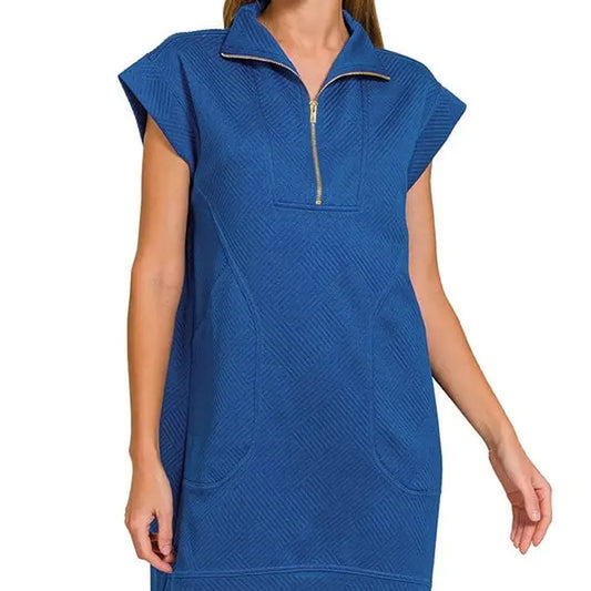 Textured Jacquard Quarter-Zip Mini Dress — square view — Livostyle