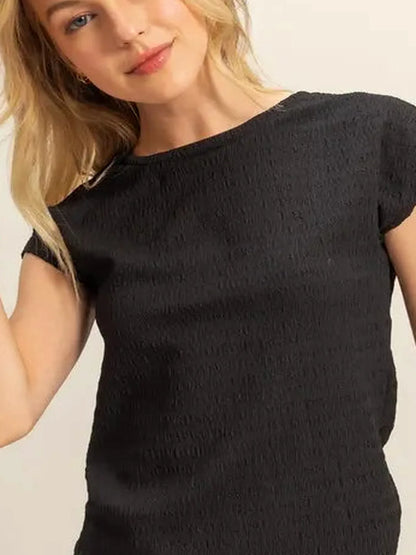 Elegant Textured Knit Top with Round Neck & Cap Sleeves — detail view — Livostyle