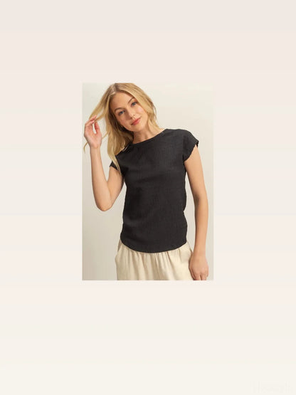 Elegant Textured Knit Top with Round Neck & Cap Sleeves — styled showcase — Livostyle