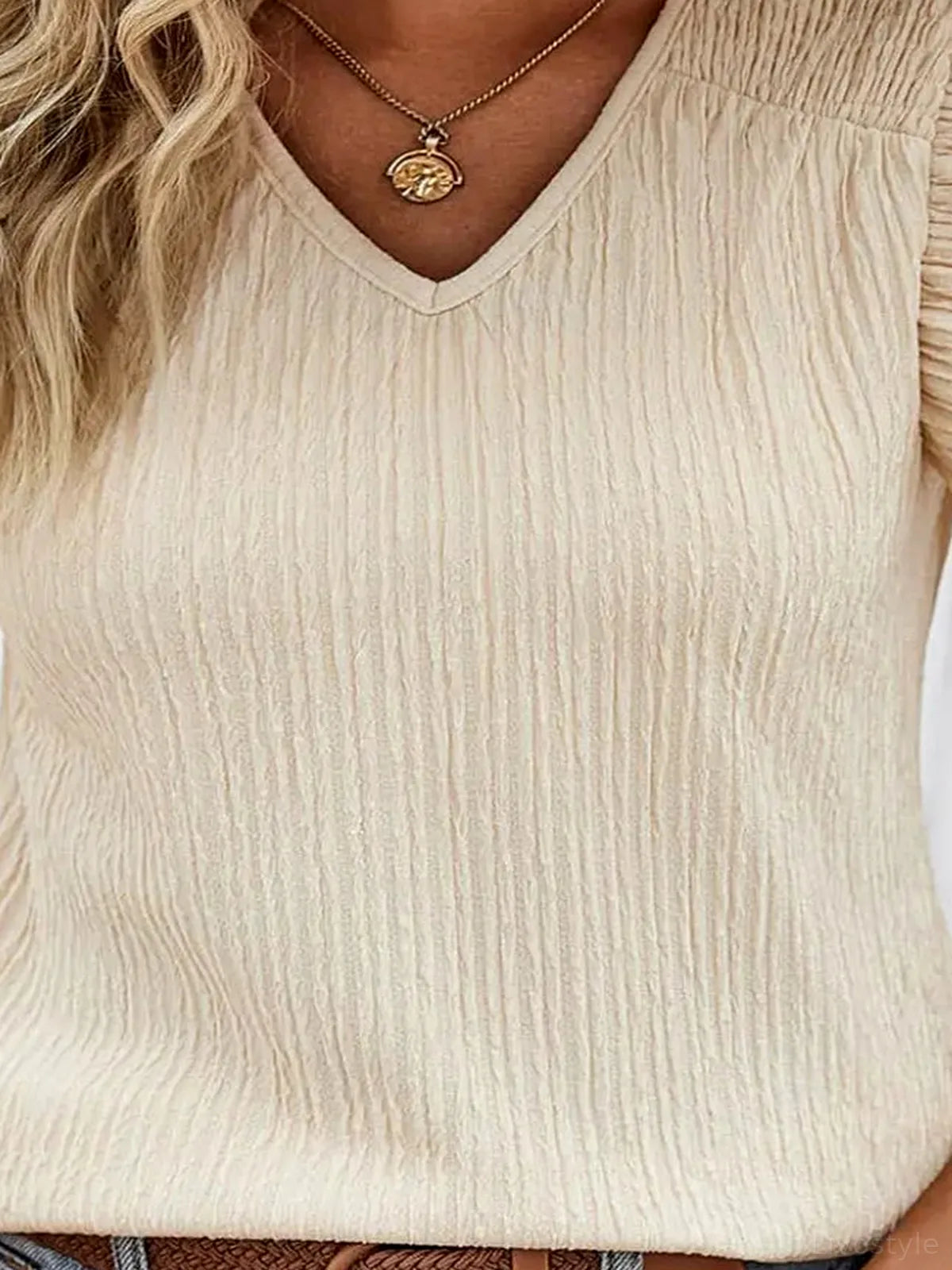 Textured V-Neck Flutter Sleeve Blouse — detail view — Livostyle