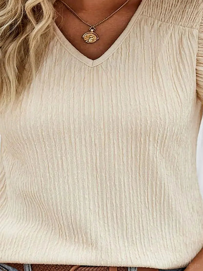 Textured V-Neck Flutter Sleeve Blouse — detail view — Livostyle