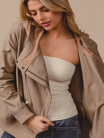 Classic Moto-inspired Textured Rider Jacket — detail view — Livostyle