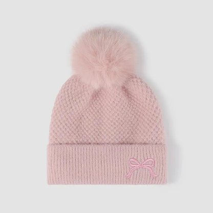 Thermal Bow Knit Hat with Pompom — square view — Livostyle