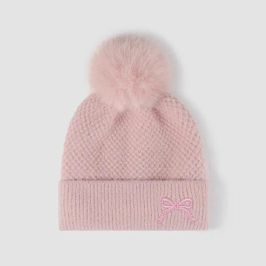 Thermal Bow Knit Hat with Pompom — square view — Livostyle