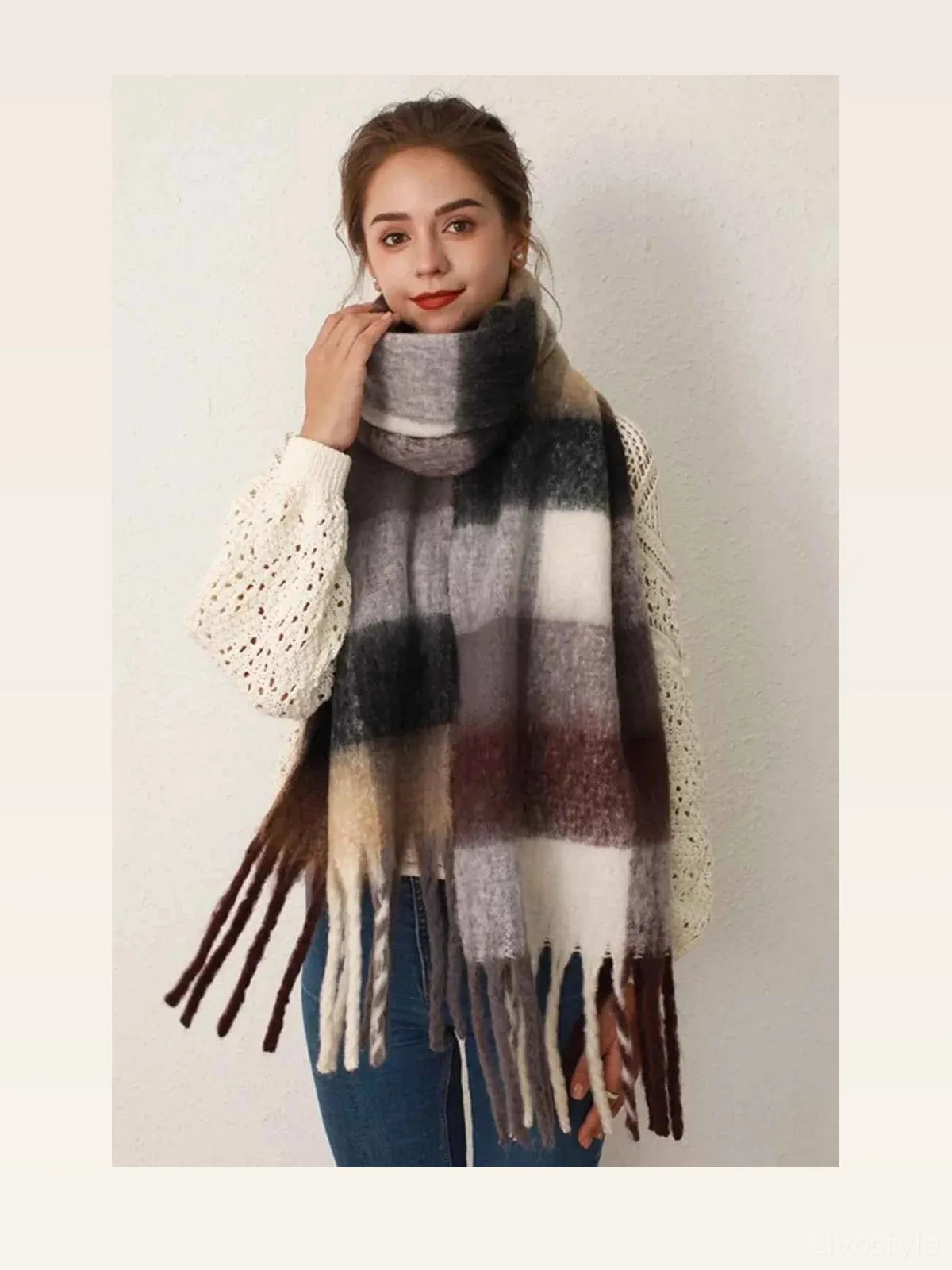 Thermal Fringe Contrast Plaid Scarf — styled showcase — Livostyle
