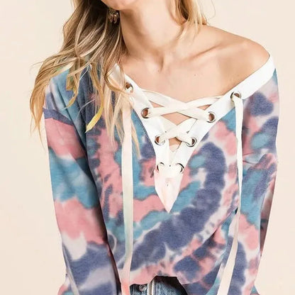Boho Chic Tie Dye V-neck Top with Stylish Lace-Up Front — square view — Livostyle