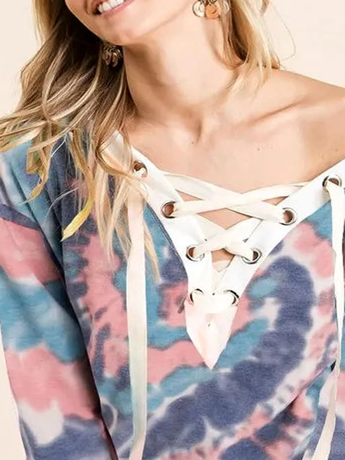 Boho Chic Tie Dye V-neck Top with Stylish Lace-Up Front — detail view — Livostyle
