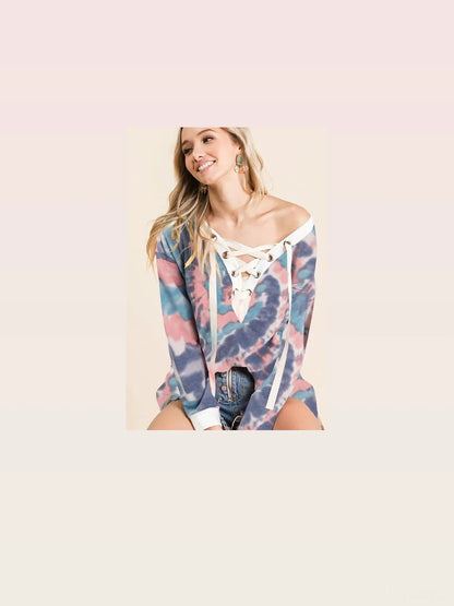 Boho Chic Tie Dye V-neck Top with Stylish Lace-Up Front — styled showcase — Livostyle